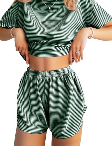 Image of JUSTFASHIONNOW Womens Pajama Sets Shorts Striped Print Two Piece Lounge Sets Crew Neck Sleepwear Split Shorts Set Soft Pjs