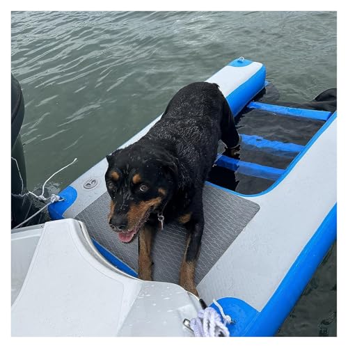 犬用プールスロープ 空気入り犬埠頭フロートプラットフォーム、空気入り犬水上坂道、3 D滑り止め階段3つ、黒いナイロンハンドル3つ、Dリング4つ、ポンプ4つ、ポータブル犬フロート階段(Blue)