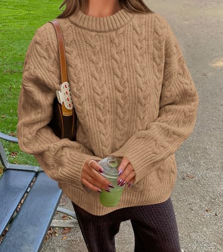 Okiwam Women's Oversized Sweaters Crewneck Cable Knit Pullover Casual Loose Fall Outfits Spring Fashion Clothes 2026-XL Khaki — view 4
