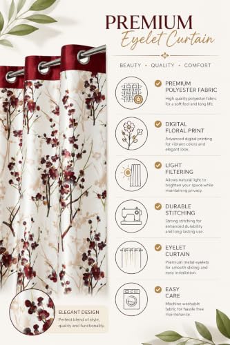 Image of 5 Feet Polyester Floral Light Filtering Window Curtains for Bedroom, Living Room & Hall, Eyelet Top, Maroon Print Curtain Set of 2