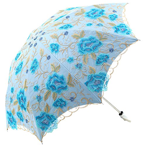 Honeystore Two Fold Vintage Lace Embroidery Decorative Umbrellas Travel Parasol Blue