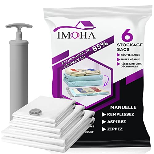 IMOHA Housses De Rangement Sous Vide-Lot de 6-Sacs de Rangement Sous Vide Aspirateur-Gain de Place pour Manteaux-Vêtements-Couettes-Oreillers-Marque Française…(2XXL+2Large +2Medium + 1 pompe)
