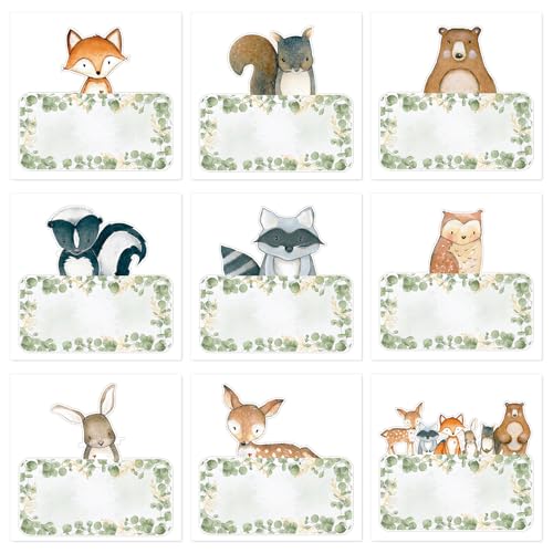 Image of Whaline 54 Pcs Woodland Animal Name Tag Stickers Back to School Jungle Animal Self Adhesive Decals Blank Name Labels for First Day of School Home Classroom Office