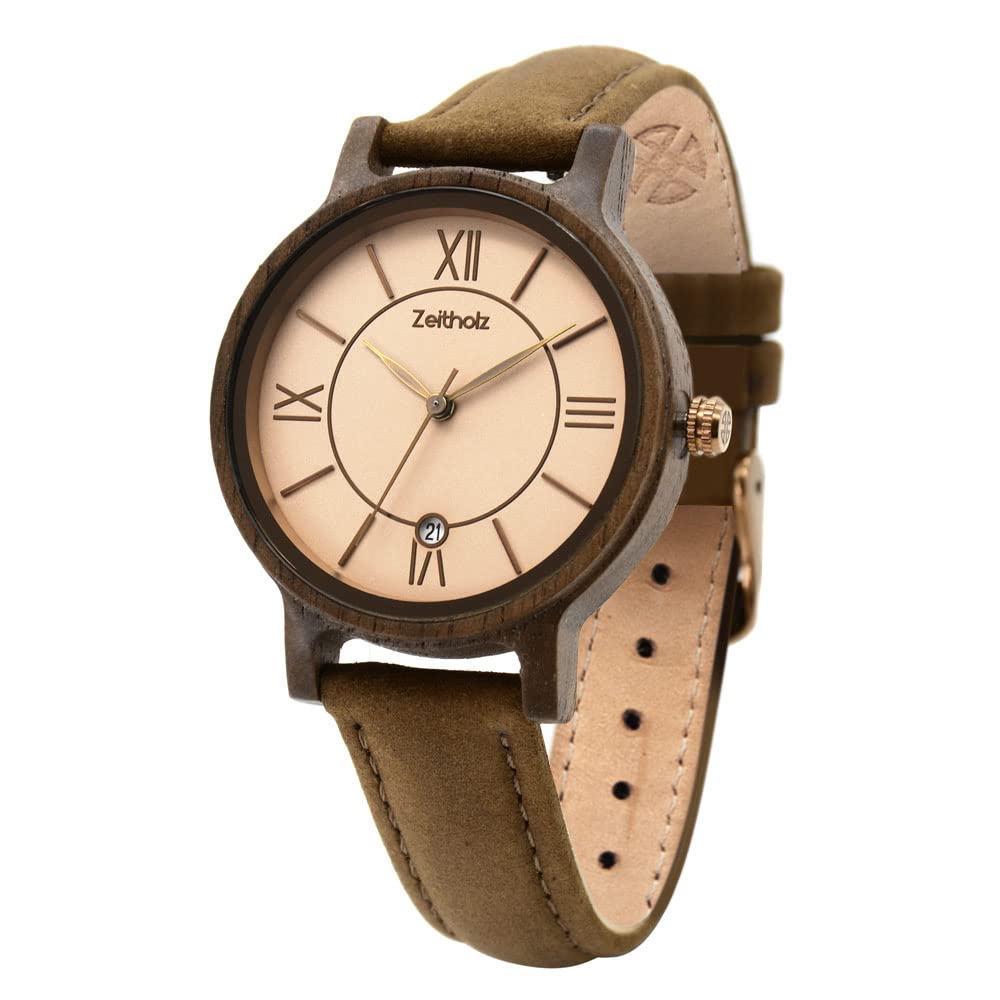 Holzuhr Damen, Armbanduhr, Lederband Blau, Analog, Quarz, Neue Rosenbach Kollektion 36mm, Naturholz mit Japanischem Quarzwerk. Eine Aussergewöhnlich Vielseitige Damenuhr