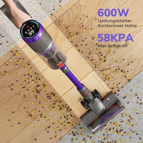 Circlio Akku Staubsauger, 600W/58000Pa/75Min, Laufzeit Staubsauger Kabellos mit Smart LED Display und Ladestation, Selbststehender Akkusauger mit Antitanglebürste für Teppich, Hartboden und Tierhaare