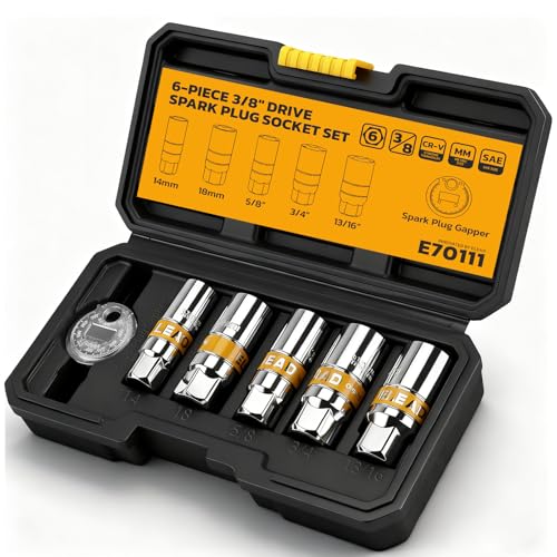 ELEAD 6-Piece 3/8 Drive Spark Plug Socket Set with Spark Plug Gapper SAE & Metric 5/8 3/4 13/16 14mm 18mm CR-V Sockets with Rubber Holding Rings