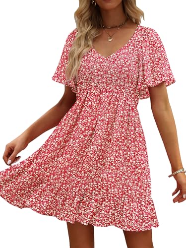 Image of UEAL Womens Cute Floral Smocked V Neck Flutter Sleeve Sundress with Pockets Casual Spring Summer Dresses for Women 2026