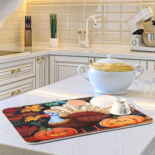 Thanksgiving Pumpkins Turkey Dish Drying Mat For Kitchen Fall Maple Leaves Microfiber Drying Mats Absorbent Dish Pad Drainer Rack Mats Decors Coffee Bar Mat Medium 16X18 Inch - Image 3
