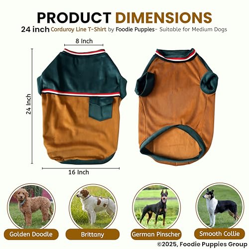 Image of Foodie Puppies Corduroy Line Velvet Pocket T-Shirt Warm Sweater Jacket - (24 inch, Tale & Brown) for Medium to Large Dogs | Soft, Lightweight Pet Apparel with Stylish, Comfortable & Stretchable Outfit