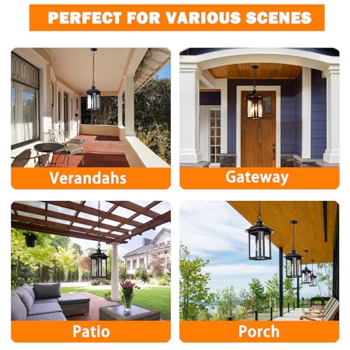 Image of JYZ Dusk to Dawn Outdoor Pendant Lighting, Exterior Hanging Lantern Light Fixture, Classic Black Outdoor Chandelier, Outside Ceiling Mount Hanging Lamp for Porch Hallway Foyer Patio Gazebo Pergola