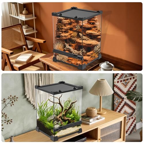 Image of Vertical Glass Reptile Enclosure Terrarium, 10 inch x 10 inch x 14 inch | 6 Gallon Fully Assembly & Front Opening Habitat Tank for Crested Geckos, Tree Frogs & Small Arboreal Reptiles