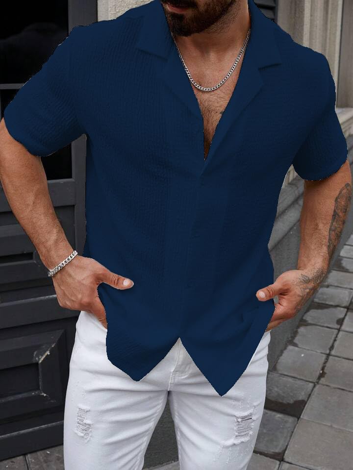 Image of COMBRAIDED Men's Regular Fit Cotton Blend Shirts | Half Sleeve Solid Pattern | Casual Wear for Everyday Style