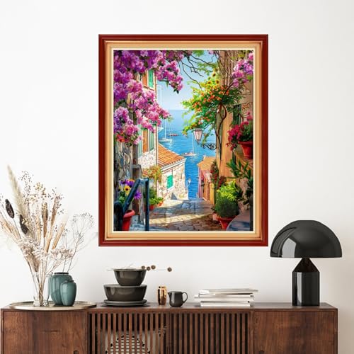 Image of Artvxeay Stamped Cross Stitch Kits | Embroidery Kits for Beginners Craft Kit Needlepoint for Adults Supplies DIY 11CT- (Seaside Flower Street 16x20 inch)