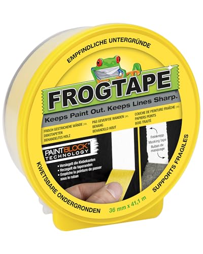 Frog Tape Maler-Kreppband für empfindliche Oberflächen, 36 mm x 41,1 m, Gelb Für Innenmalerei und Dekoration für scharfe Linien ohne Auslaufen von Farbe.