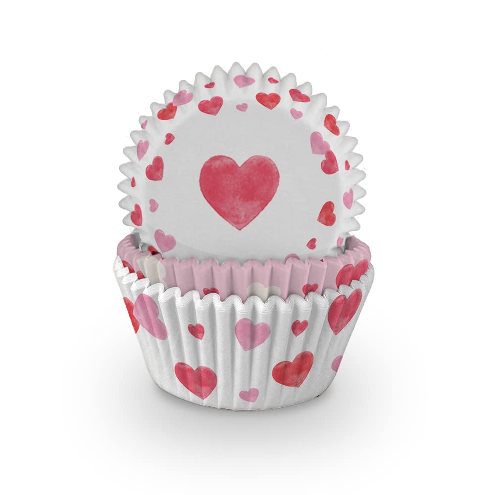 Anniversary House Cupcake Cases – Greaseproof Paper Baking Cups, White and Pink Hearts, Standard Size for Cupcakes and Fairy Cakes, 75 Pack