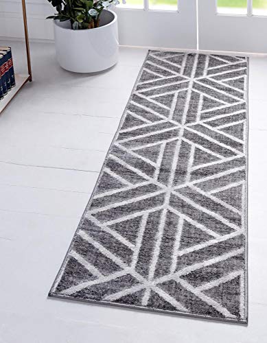 Rugs.com Lattice Trellis Collection Rug – 10 Ft Runner Gray Low-Pile Rug Perfect for Hallways, Entryways