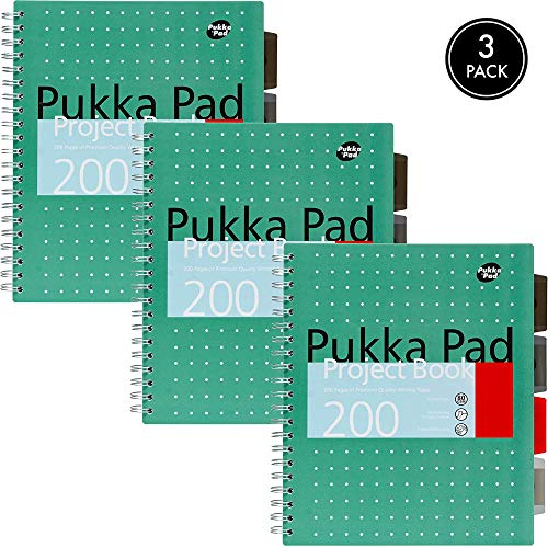 Image of Pukka Pad 5 Subject Spiral Notebook 3-Pack - 200 Pages, 100 Sheets of 80GSM Paper with Repositionable Dividers & Perforated Edges, Office Planning & Organization - US Letter 8.5 X 11, Green Metallic