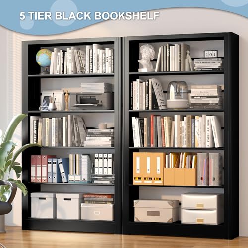 Image of VASAAOSD Metal Bookshelf, 5 Tier Black Bookcase with Adjustable Storage Shelves, 69 inch Tall Book Shelf for Home Office, Bedroom, Library, Living Room, Easy to Assemble