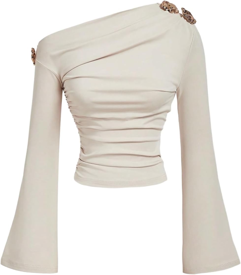 GORGLITTER Women's Flower One Shoulder Tops Dressy Casual Bell Long Sleeve Asymmetric Neck Ruched Fitted Going Out Tops