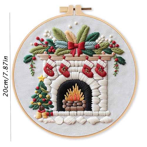Image of LB Christmas Embroidery Kit for Beginners Adults, 3 Sets Hand Embroidery Starter Kit with Fireplace Pattern and Instructions Stamped Cross Stitch Kits Include Embroidery Hoop Needles Threads Scissors