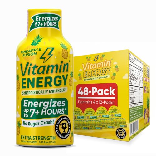 Image of Vitamin Energy Pineapple Fusion Extra Strength Energy Shot, 48 Pack - Up to 7 Hrs, 260mg Natural Caffeine, Zero Sugar - Green Tea Extract, Immune Support, B12 B6 Niacin, 1.93 fl oz, Keto Vegan