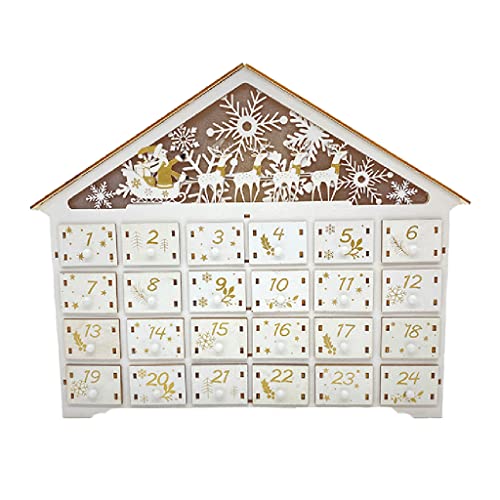 Calendrier de l'Avent en bois avec renne lumineux LED et décors de Noël sculptés main