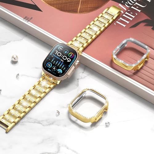 Image of SUPOIX for Apple Watch Band 49mm + Case, Bling Bands for Women (Gold) | Shiny Metal Bands & 2 Pack Protective Cover Cases for iWatch Ultra 49mm