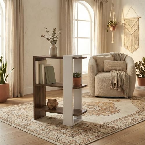 Image of Opus 3-Tier Modern Side Table & Nightstand, Dark Walnut & White | Two-Tone Accent Bookshelf, For Living Room, Bedroom & Office, 50x24x68cm
