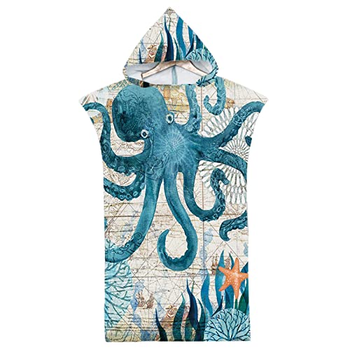 Toalla de Playa de Microfibra, Toalla de Playa con Capucha, con Estampado de Animales Marinos, Toalla de Mano Poncho de Secado rápido, Albornoz para Adultos (H2-75 x 110 cm)