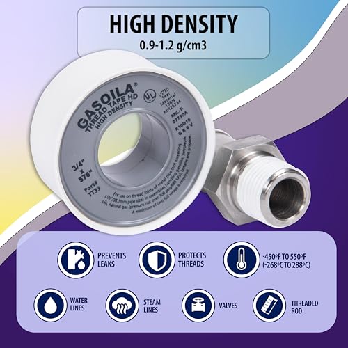 Image of Gasoila PTFE Thread Seal Tape - Professional-Grade, 3 /4 Inch x 576 Inch, High-Density Thread Tape for Plumbing, HVAC, Gas Lines, Water Pipes, and Air Compressors - Leak-Proof Seal, Non-Toxic
