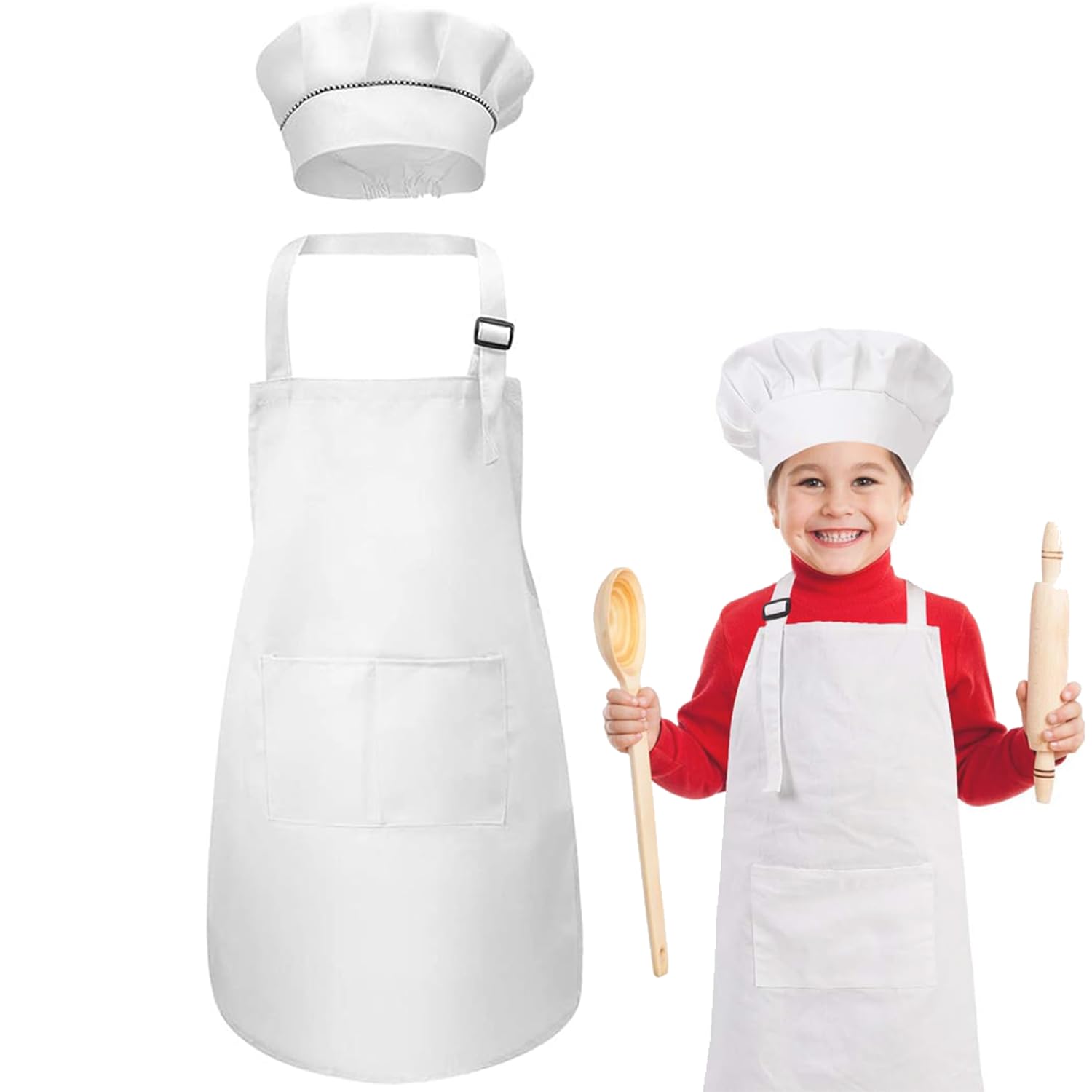 2 uds Gorro de Cocinero con Delantal para Niños, Gorro de Cocinero con Delantal Artístico para Niños, con Bolsillos para Cocinar, Hornear Y Pintar de 7 a 13 Años - Blanco