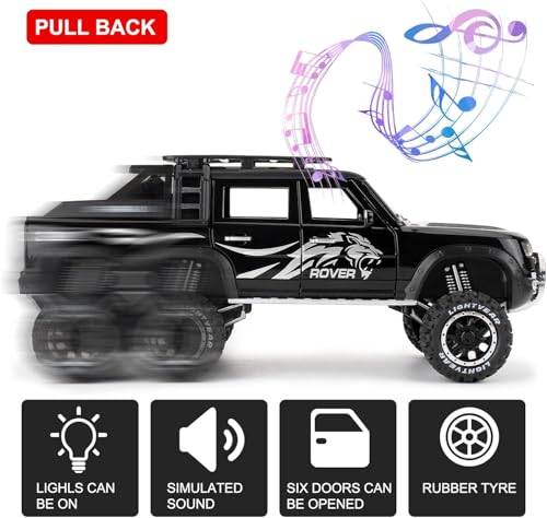 Image of 1:24 Land Rover Defender Six Wheels Off-Road Pickup Car Model, Pull Back Diecast Truck Collectible with Sounds & Lights, Gift for Kids, Boys, Girls, and Adults (Black)