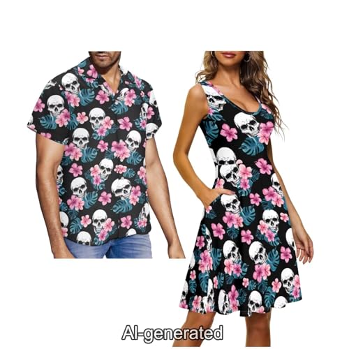 Image of Dreaweet Summer Dresses for Women A-Line Sleeveless Flowy Sun Dresses,Men's Casual Button-Down Shirts,Couple Matching Outfits