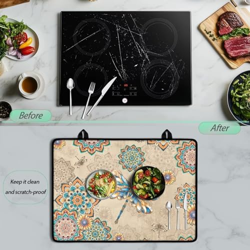 Image of Electric Stove Top Covers Heat Resistant Glass Ceramic Cooktop Cover Mat Multipurpose Kitchen Scratch Resistant Flat Top Stove Cover, 29 x 21 Inch, Boho Dragonfly Mandala Print