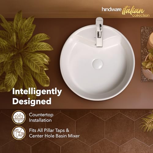 Image of Hindware Italian Collection Solitaire Table Top Wash Basin for Bathroom | Made of Ceramic | Star White | Round Shape | Over the Counter Basin