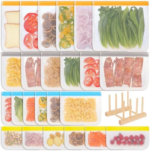 Moretoes 24 Pack Reusable Freezer Bags (6 Gallon Bags+6 Sandwich Bags+6 Snack Bags+6 Quart Bags) with 1 Drying Rack, Silicone Bags Reusable, Ziplock Storage Bags for Lunch Marinate Travel(4 Colors)