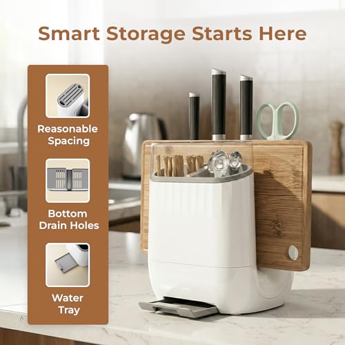 Image of HomeEssentials Kitchen Countertop Organizer - Knife Stand, Spoon Rest, and Chopping Board Holder - Rust-Proof Cutlery Drying Rack & Utensil Storage Caddy with Water Drip Tray