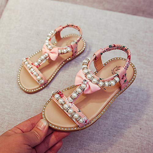 White Sandals for Girls Kids Baby Girls Sandals Bowknot Pearl Crystal Roman Sandals Princess Shoes (Pink, 29)4