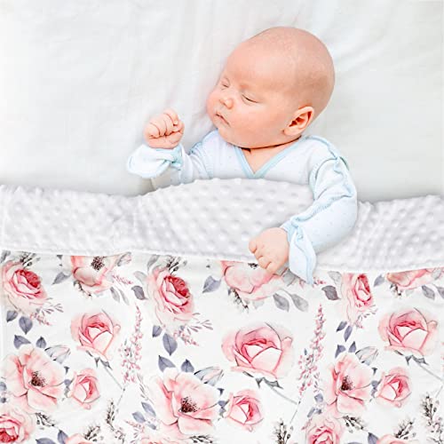 Image of Baby Blanket for Girls, Super Soft Double Layer Mink Blankets with Dotted Backing, Floral Newborn Nursery Bed Blanket, Pink Flower, 30 X 40 Inches