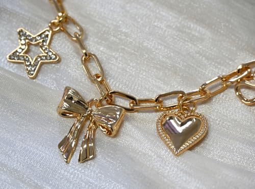 Gold Charm Necklaces for Women, 18K Gold Plated Bow Pendant Necklace Gold Heart Chain Aesthetic Star Jewelry3