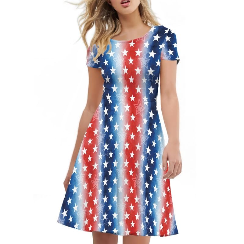 Image of Irisjudy T Shirt Dress for Women Short Sleeve Girls Short Sleeve Dress Plus Size, O Neck Knee Length Midi Dress for Ladies