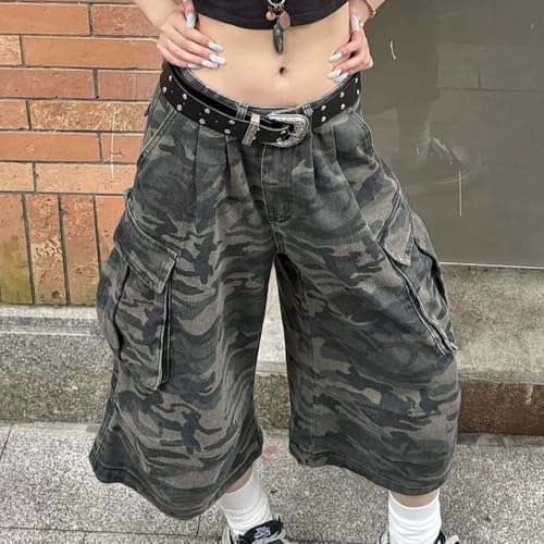 Summer Vintage Camo High Waisted Baggy Wide Leg Jeans Unisex Work Pocket Cargo Capris Short Pants for Women3