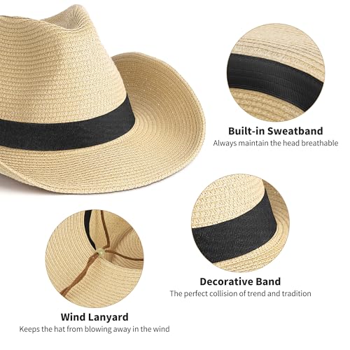 Image of Straw Cowboy Hat for Men Women Western Cowgirl Hats with Shapeable Wide Brim for Beach Sun Summer