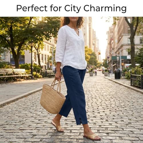 Image of Linen Pants Women 2026 Summer Beach Vacation Trousers Elastic Waist Linen Capris Pants Boho Casual Travel Pant