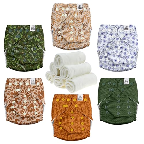 Image of Mama Koala 3.0 Cloth Diapers for Babies with Suede Cloth Lining, 6 Pack with 6 Natural Diaper Inserts - Reusable Pocket Diapers (Neutral Leaves)