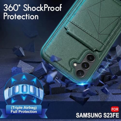 Image of amazon basics Premium Vegan Leather Back Cover with Card Holder and Integrated Mobile Stand for Samsung Galaxy S23FE 5G - Slim Shockproof Wallet Case with Geometric Stitching [Green]