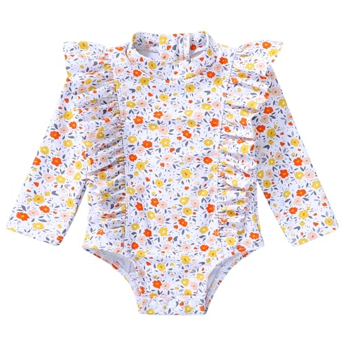 Image of YOUNGER TREE Baby Swimsuit Girl Long Sleeve Ruffle Zipper Rash Guard Infant One Piece Swimwear Toddler Bathing Suit Girl