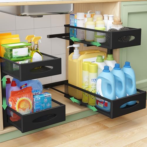 Under Sink Organizer, 2 Tier Pull out Cabinet Organizer Baskets w...