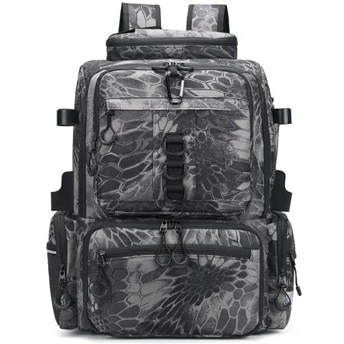 Rabjen Fishing Tackle Backpack, 45L Storage Waterproof Travel Bag Store Fishing Gear with Insulated Top Pocket