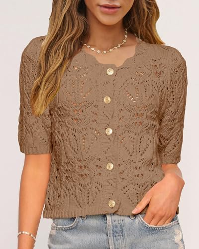 Womens Fall Crochet Cardigan Tops Short Sleeve Casual Knit Blouses Hollow Out Crew Neck Button Down Sweater Shirts4